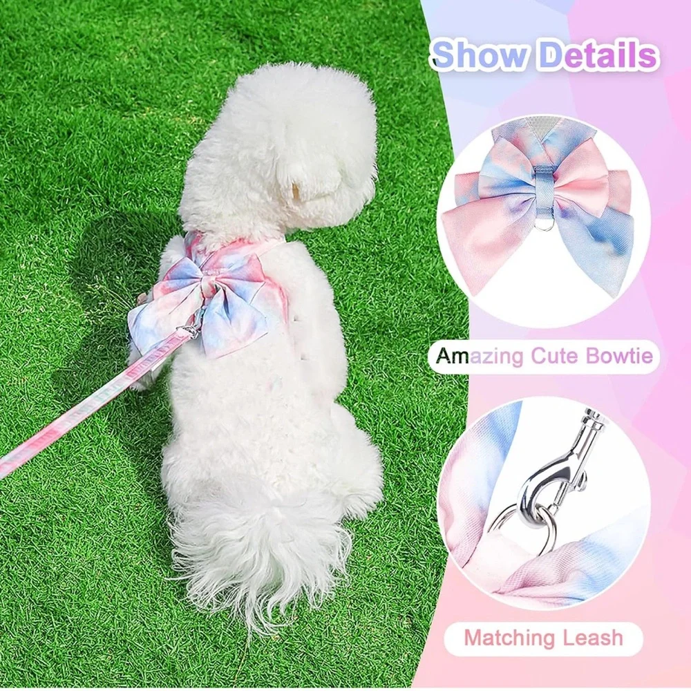Pink Blue Cloud Like Step In Bow Dog Harness & Leash Teacup Puppy Dog XS